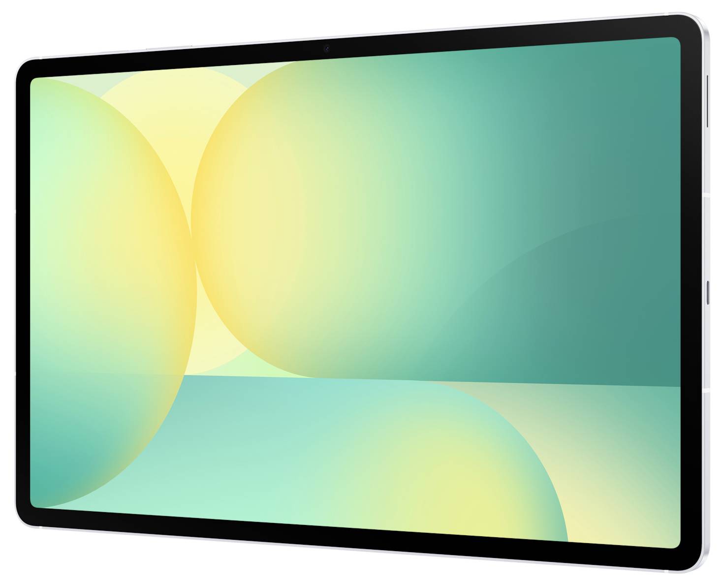 Tablet s barevnou abstraktní tapetou z překrývajících se žlutých, zelených a modrozelených kruhů.