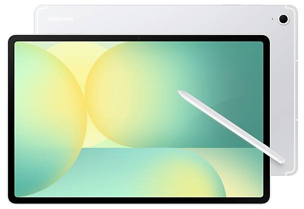 Samsung tablet s velkým displejem zobrazujícím barevnou abstraktní tapetu, pohled s bílým stylusem spočívajícím diagonálně na obrazovce.