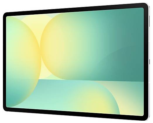 Tablet zobrazený v orientaci na šířku s barevnou abstraktní tapetou překrývajících se žlutých, zelených a modrozelených kruhů.