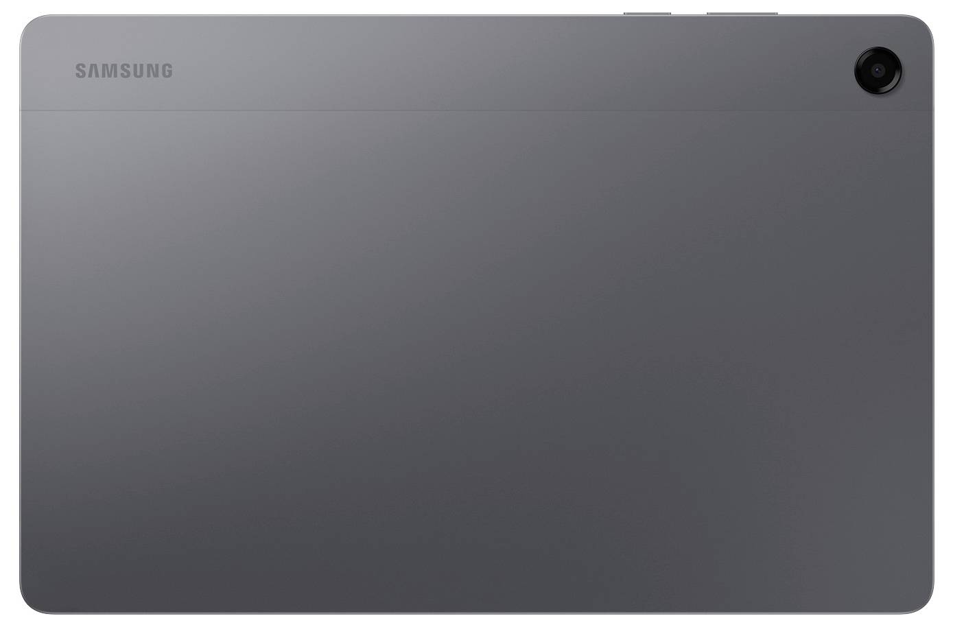 Zadní pohled na šedý tablet Samsung s zadní kamerou v pravém horním rohu.