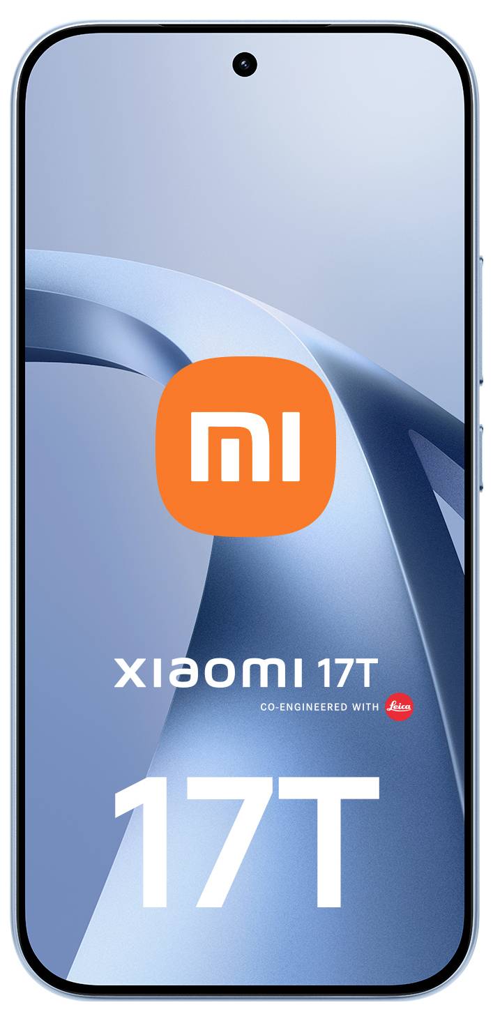 Přední pohled na smartphone Xiaomi 17T s modrou tapetou, vycentrovaným logem "mi" a textem "Xiaomi 17T" a "17T" na obrazovce.