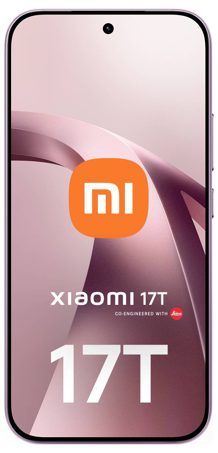 Přední pohled na smartphone Xiaomi 17T s růžovým displejem zobrazujícím logo "mi" a název modelu "xiaomi 17T" a velkým textem "17T".