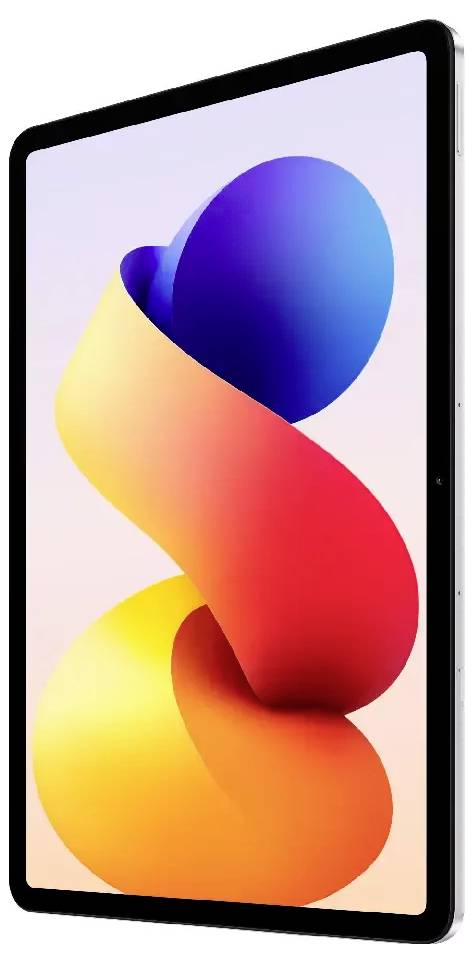 Přední pohled na tablet s barevnou abstraktní stužkou podobnou tvaru S na světlém pozadí.