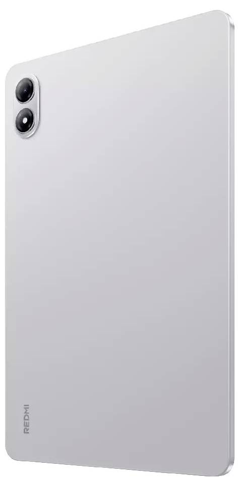 Stříbrný tablet Redmi zobrazený zezadu s dvěma zadními kamerami ve vertikálním modulu v levém horním rohu.