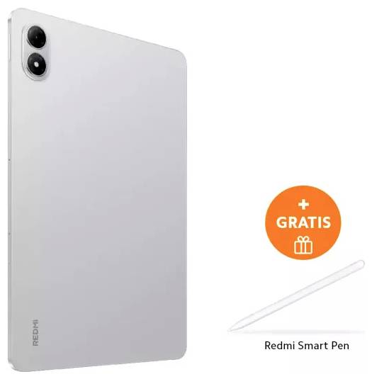 Stříbrný tablet Redmi zobrazený s bezplatně přiloženým „Redmi Smart Pen"