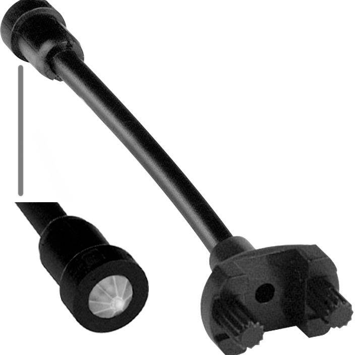 Černý kabel s válcovitým konektorem na jednom konci a dvoupólovou vidlicí na druhém, zobrazený na bílém pozadí.