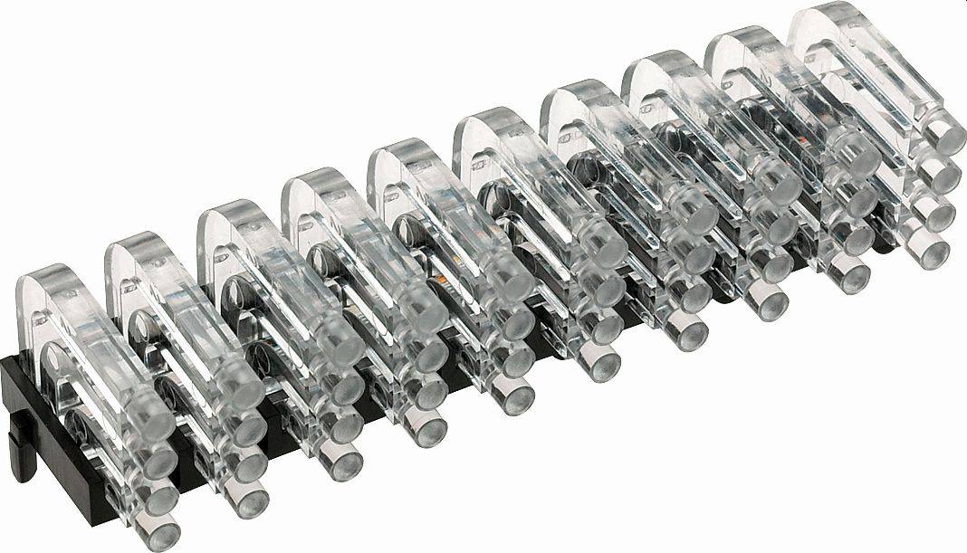 Čirý plastový mechanismus typu záklopky s vzájemně se zapínajícími ozubenými koly nebo válečky zobrazený v šikmém bočním pohledu na bílém pozadí.