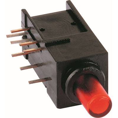 Černý obdélníkový elektronický přepínač s kovovými kolíky a červeným tlačítkem na bílém pozadí.