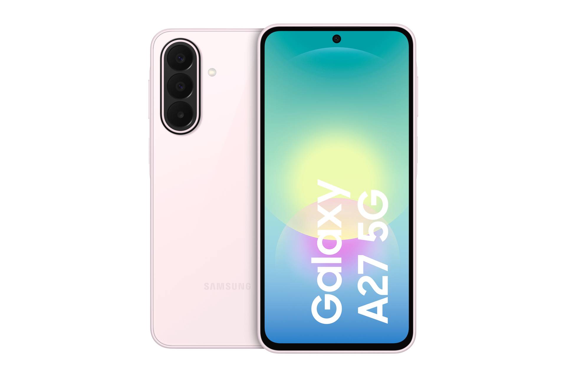 Růžový smartphone Samsung Galaxy A27 5G zobrazený zepředu i zezadu s trojitými zadními fotoaparáty a centrálně umístěným otvorem displeje s textem "Galaxy A27 5G".