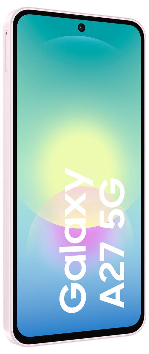 Samsung Galaxy A27 5G smartphone zobrazený zepředu s tyrkysovo-modrým displejem a textem 'Galaxy A27 5G' na obrazovce.
