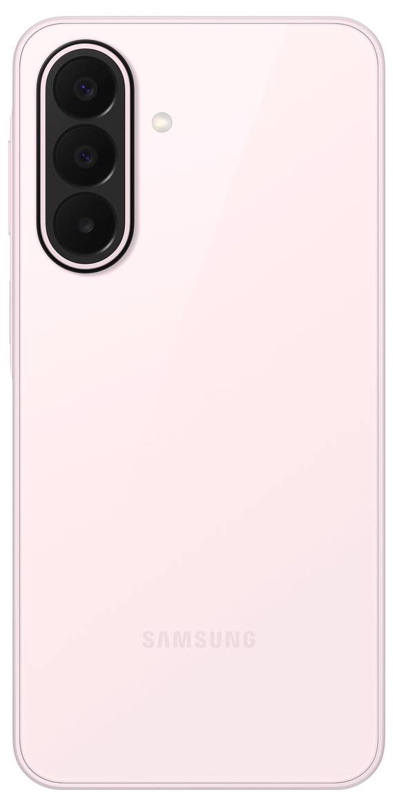 Zadní strana světle růžového telefonu Samsung s trojitými vertikálními zadními fotoaparáty a bleskem v levém horním rohu.