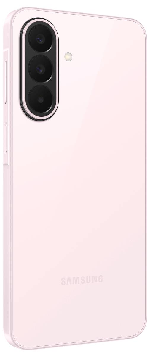 Zadní strana světle růžového smartphonu Samsung se svisle uspořádaným trojitým fotoaparátem, bleskem a zaoblenými rohy.
