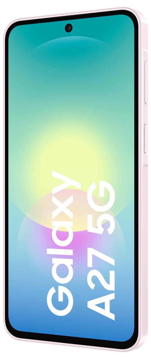 Růžový smartphone Samsung Galaxy A27 5G zobrazený ve svislé poloze s modrošedozelským gradientem na obrazovce a velkým textem "Galaxy A27 5G".