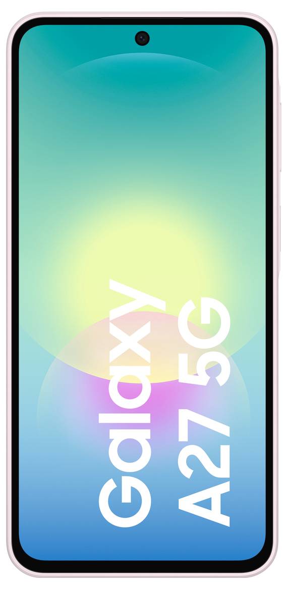 Přední pohled na chytrý telefon Samsung Galaxy A27 5G s gradientem tapety od modrozeleného po modrou barvu a velkým textem „Galaxy A27 5G" na displeji.