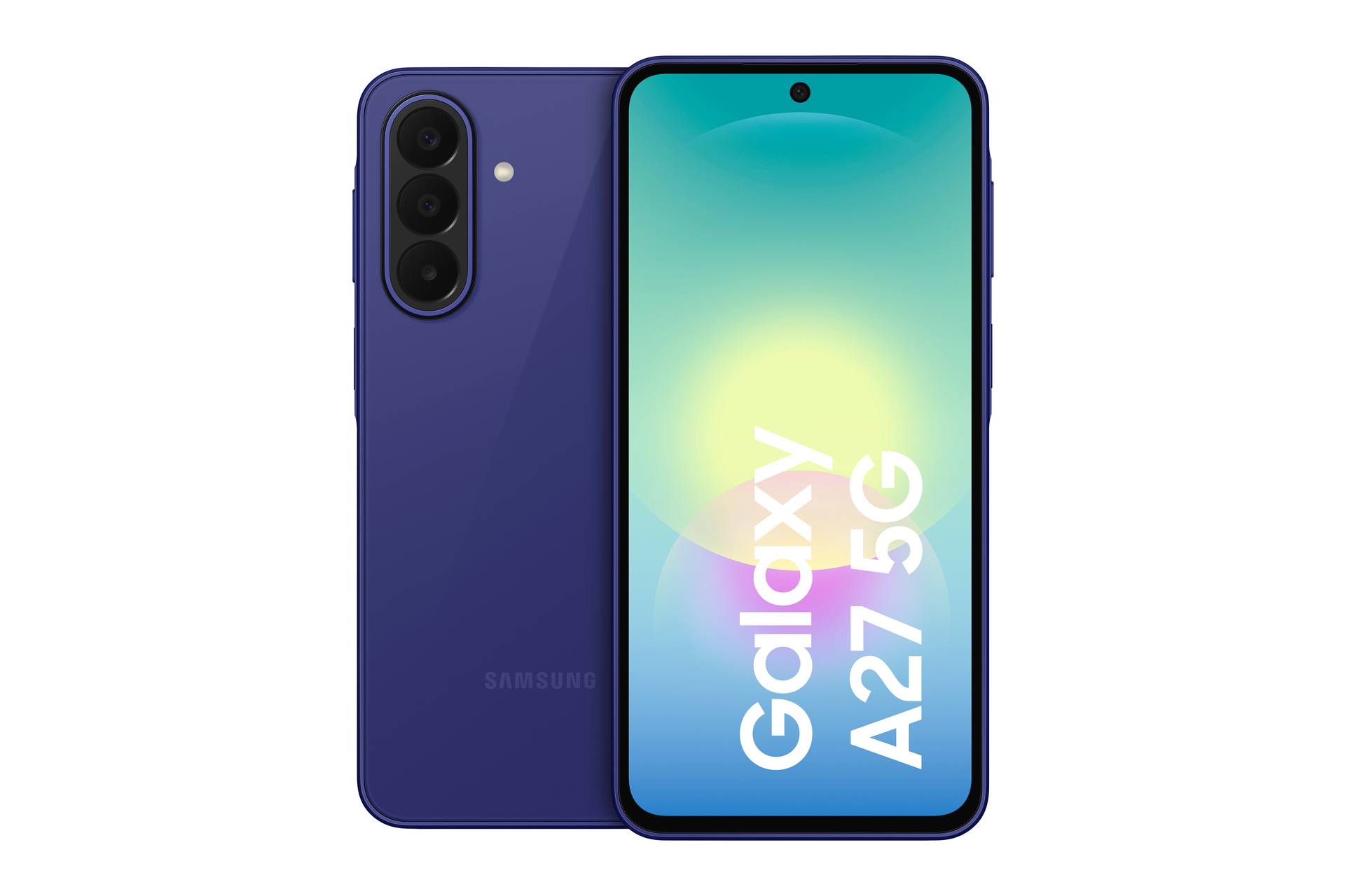 Samsung Galaxy A27 5G chytrý telefon zobrazený zepředu a zezadu, s modrým zadním modulem fotoaparátu a obrazovkou zobrazující "Galaxy A27 5G".