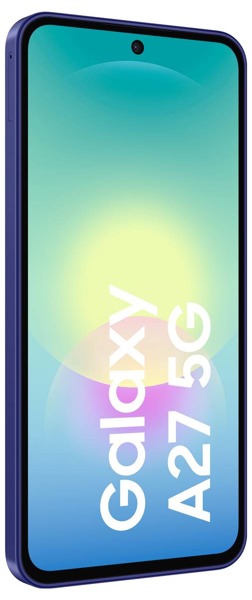 Smartphone zobrazený v úhlu s modrým rámem a kamerou s otvorem, na kterém se na barevné obrazovce zobrazuje text "Galaxy A27 5G".