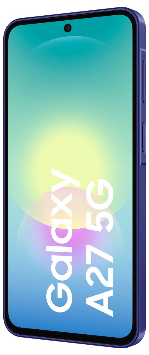 Přední pohled na modrý smartphone Samsung Galaxy A27 5G s displejem s otvorem pro kameru zobrazujícím přechod z modrozelené na žlutou barvu a text "Galaxy A27 5G".