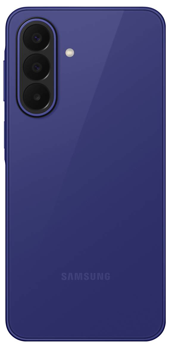 Zadní strana modrého smartphonu Samsung zobrazující vertikální trojitý fotoaparátový modul a LED blesk.