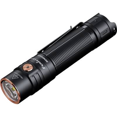 Černá LED svítilna Black Fenix s texturovaným gripem a měděnými akcenty, zobrazená v produktovém úhledném pohledu na bílém pozadí.