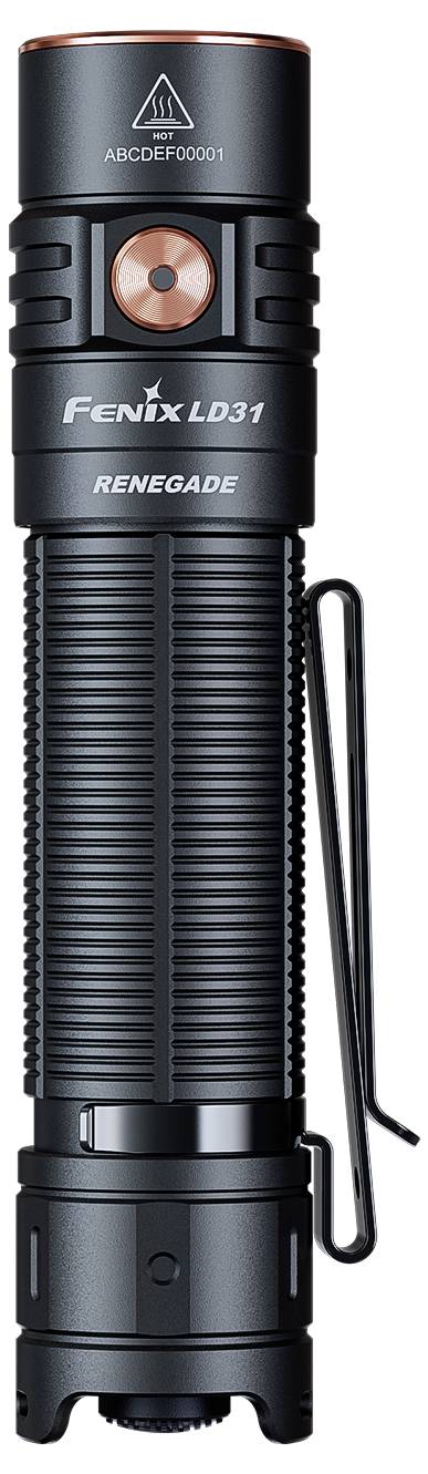 Kapesní svítilna Black Fenix LD31 Renegade s měděnými prvky a bočním klipem, zobrazená vzpřímeně na bílém pozadí.