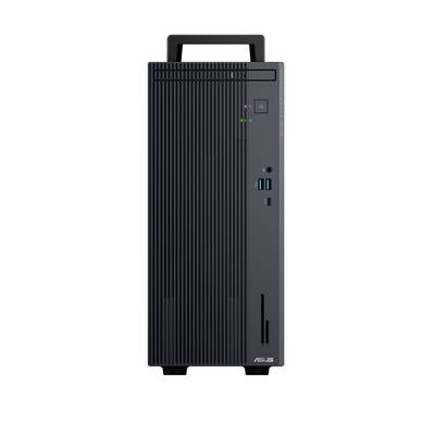 Přední pohled na kompaktní desktopovou věž ASUS PC s přenosným madlem, tlačítkem napájení, porty USB a úzkým vertikálním slotem jednotky