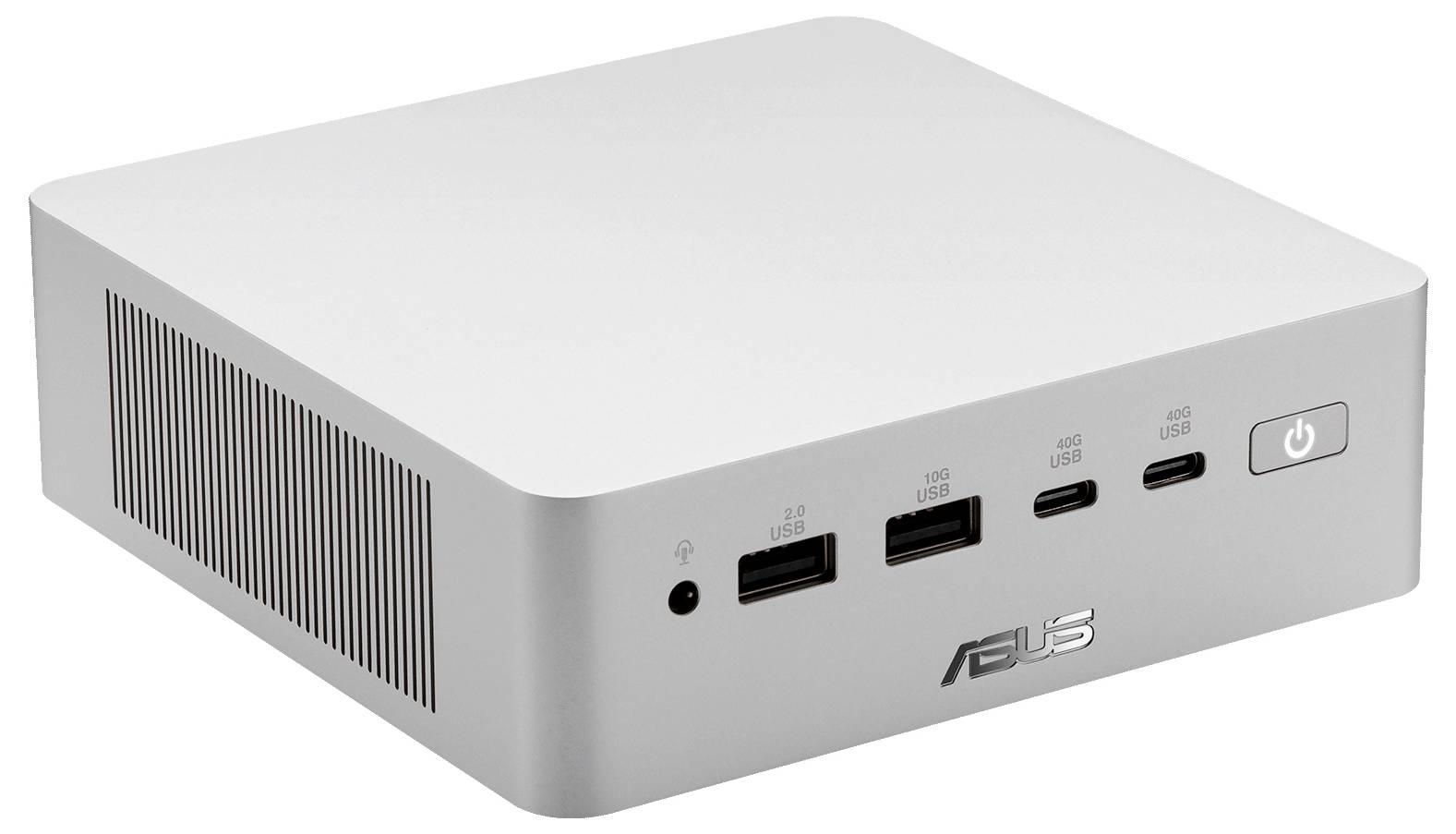 Stříbrný ASUS mini stolní počítač s přední USB porty, sluchátkovým jackem a tlačítkem napájení na bílém pozadí