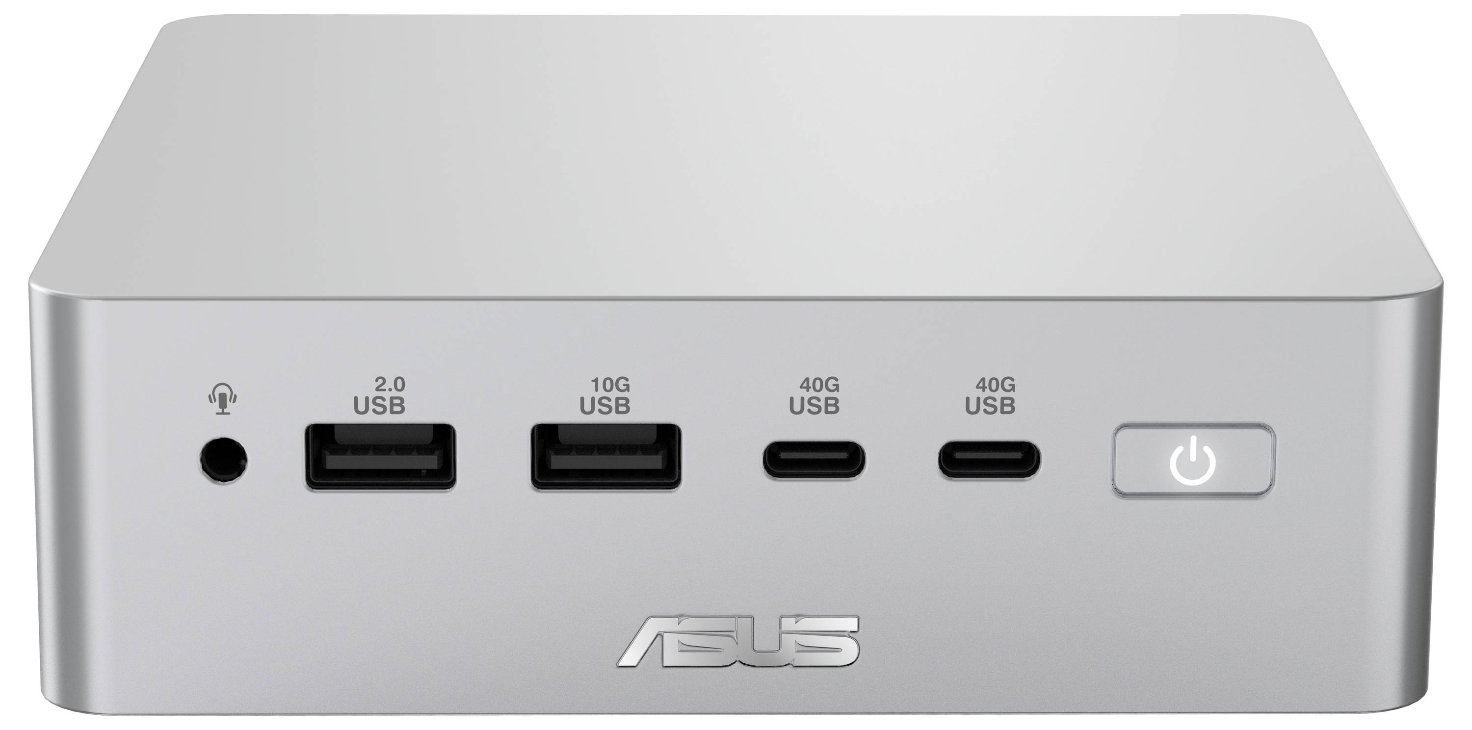 Přední pohled na mini PC ASUS zobrazující porty: audio jack, USB 2.0, 10G USB, dva porty USB-C 40G a tlačítko napájení.