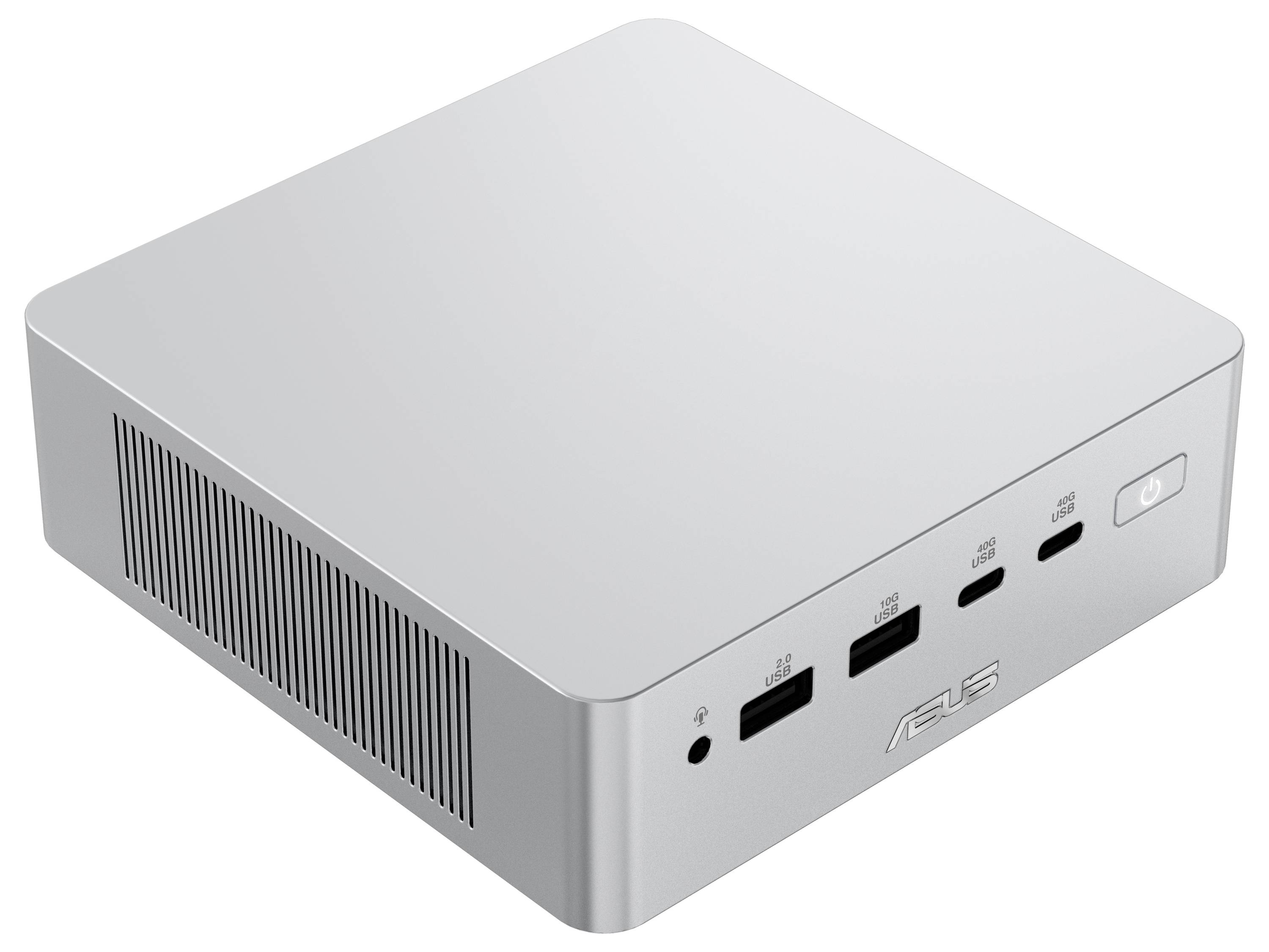 Kompaktní stříbrný mini počítač ASUS s předním tlačítkem napájení, jackem na sluchátka, dvěma porty USB a portem USB-C.