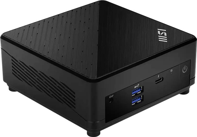 Černý kompaktní mini PC s texturovaným horním povrchem, předním tlačítkem napájení, portem USB-C a dvěma modrými porty USB-A.