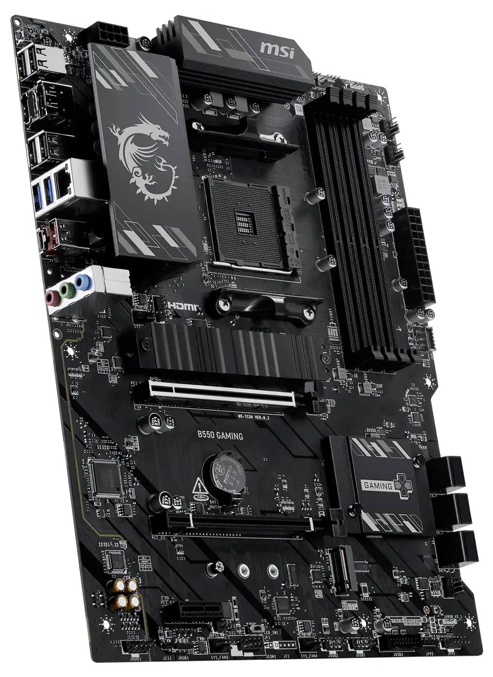 Černá herní základní deska MSI B550 zobrazená z přední strany s viditelnými sokelem procesoru, sloty pro paměť RAM, sloty PCIe, porty zadního vstupu/výstupu a chladiči.