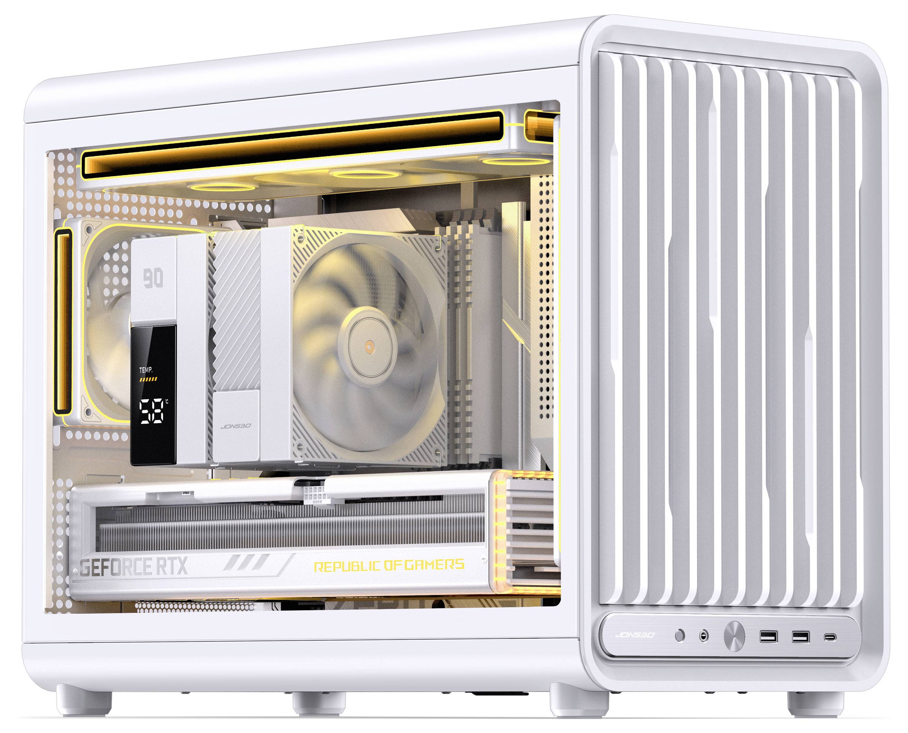Bílá herní PC věž s průhledným bočním panelem ukazující osvětlené vnitřní komponenty a grafickou kartu NVIDIA GeForce RTX.