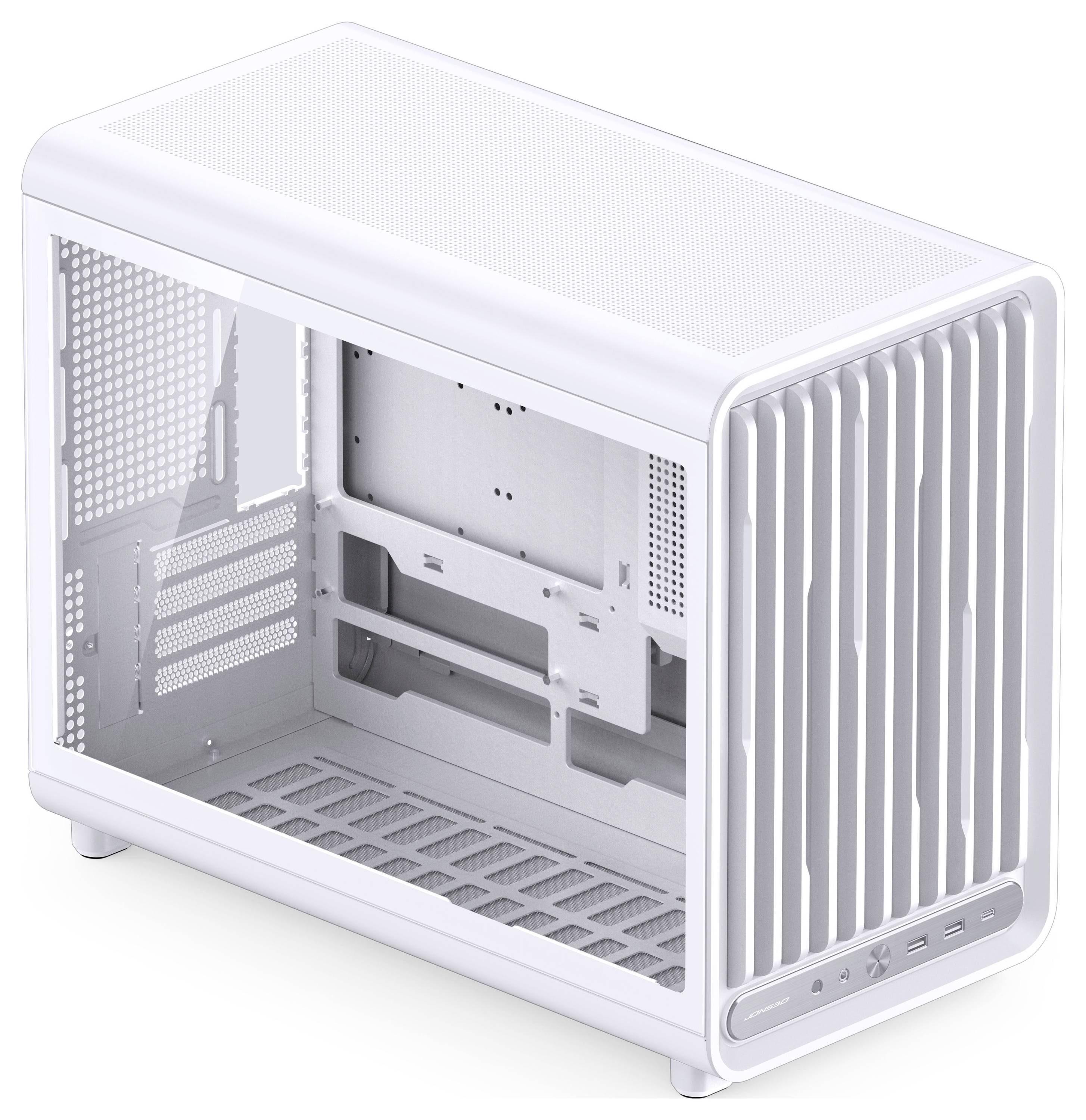 Bílá skříň PC s otevřeným bočním panelem, zobrazující interní přihrádky na pevné disky a přední design s lamelami ventilace.