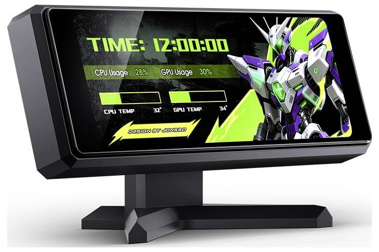 Futuristický počítačový monitor zobrazující herní-stylový přístrojový panel s "ČAS: 12:00:00", indikátory využití CPU a GPU, údaje o teplotě a grafiku robota.