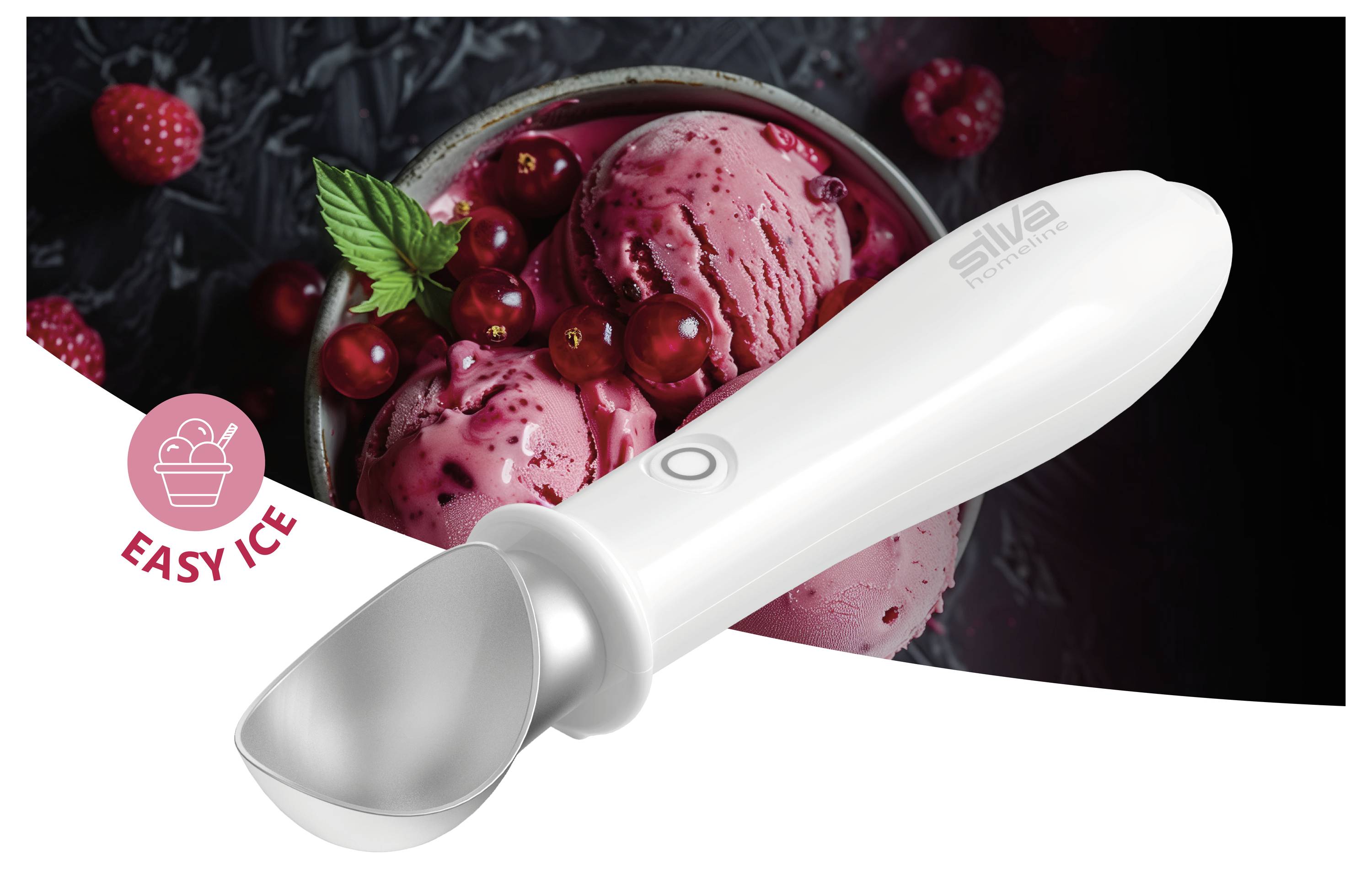 Elektrická zmrzlinová naběračka na růžové bobulové zmrzlině s popisem „EASY ICE", zobrazující snadný nástroj pro uvolňování zmrzliny.