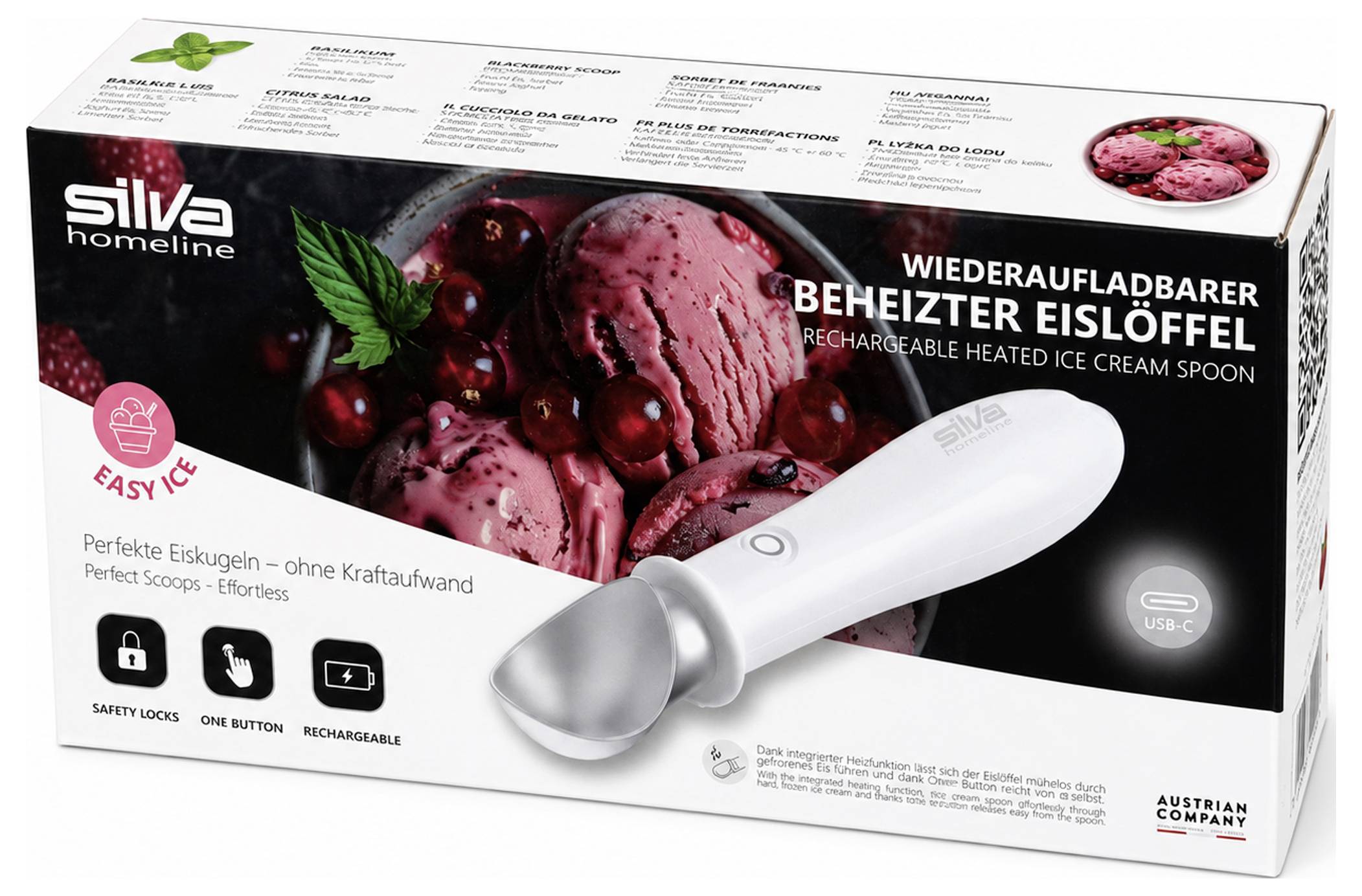 Produktbox pro Silwa homeline nabíjecí topený lžíci na zmrzlinu, zobrazená s jahodovou zmrzlinou, popis v němčině a angličtině, nabíjecí přes USB-C.