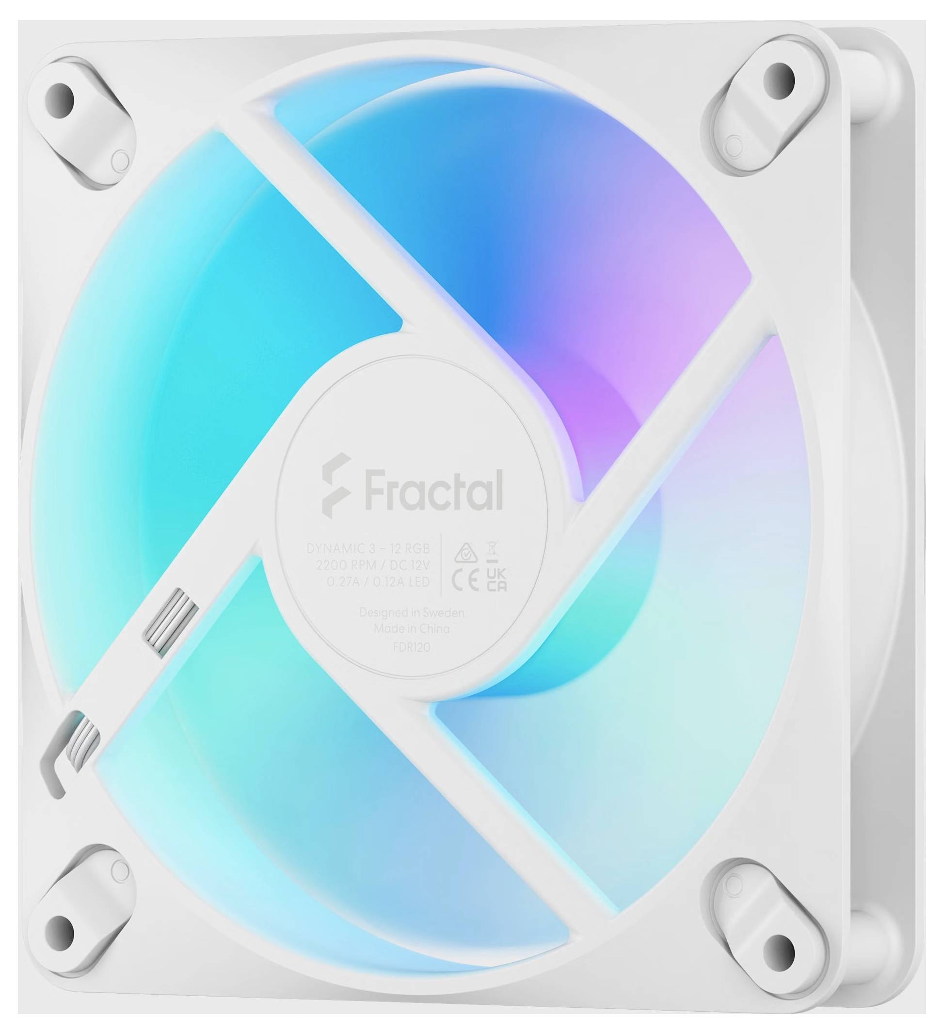 Bílý počítačový ventilátor na skříň Fractal RGB s designem svítících lopatek v modré modré, modré a purpurové barvě, zobrazený zepředu.