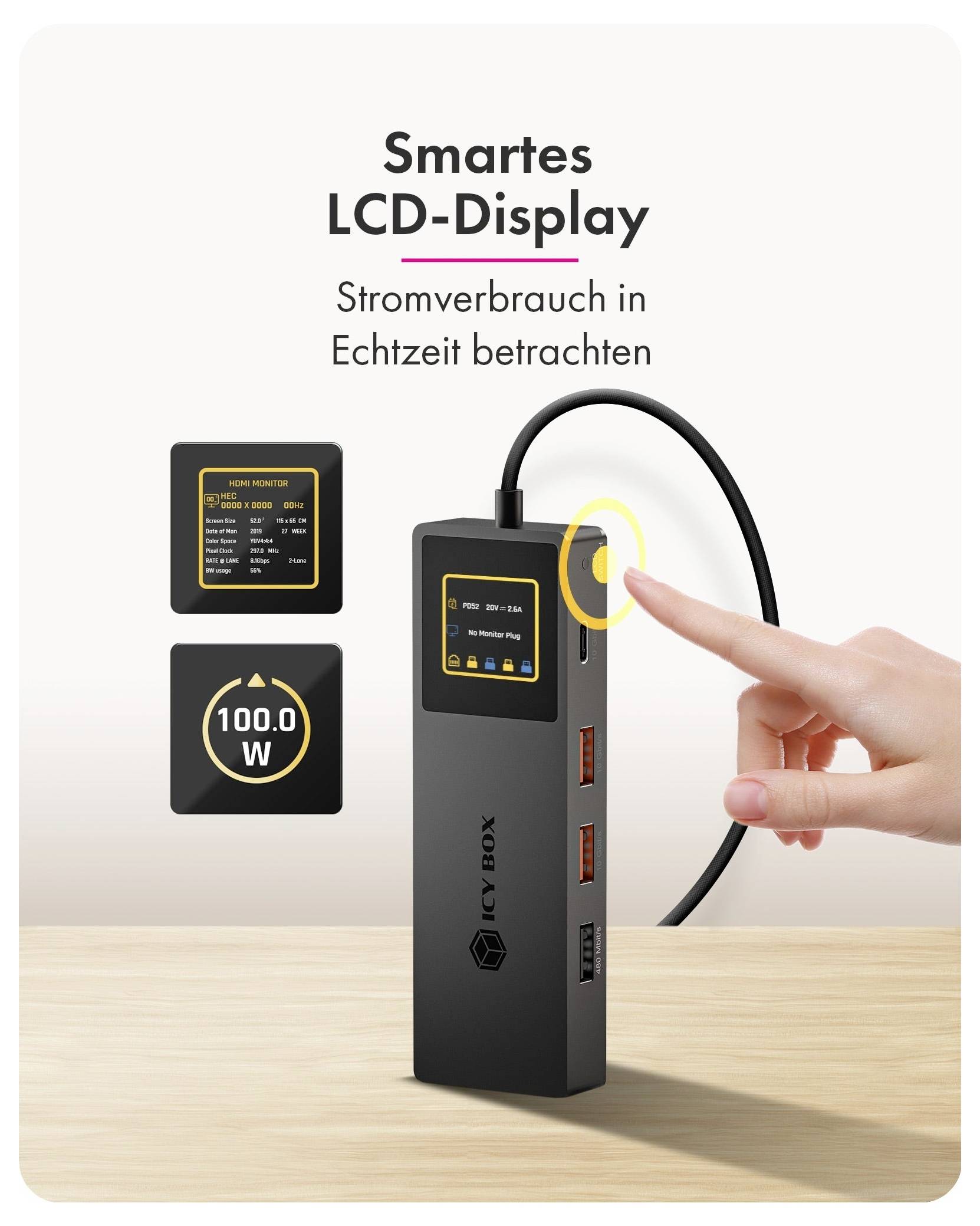 Přenosná powerbanka s LCD displejem zobrazujícím spotřebu energie v reálném čase, podtržená prstem stisknutým na tlačítko, po boku detailního zobrazení ikon a indikátoru "100,0 W".