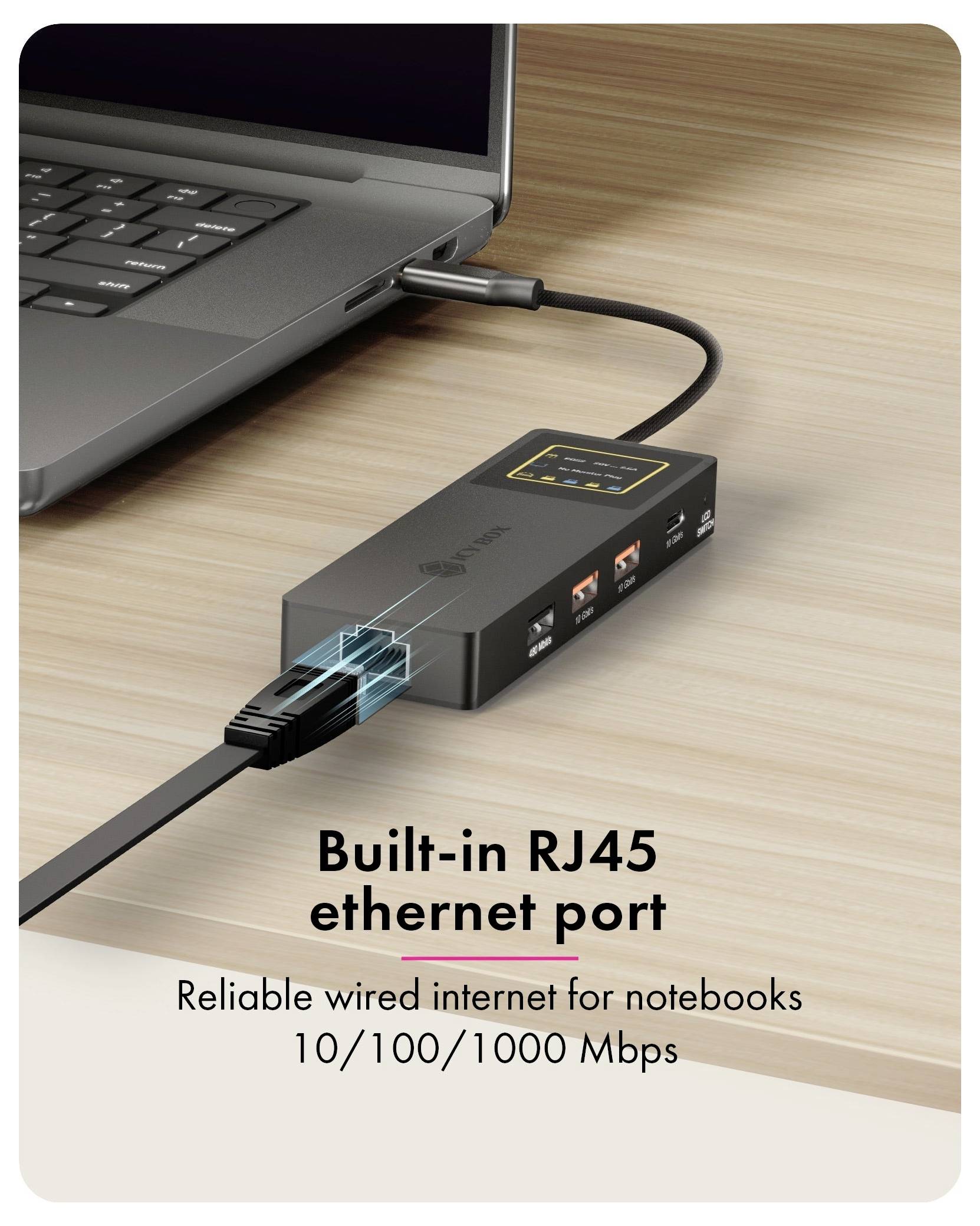 Laptop připojený kabelem k USB hubu s vestavěným portem RJ45 ethernet; text říká „Spolehlivý drátový internet pro notebooky 10/100/1000 Mbps".