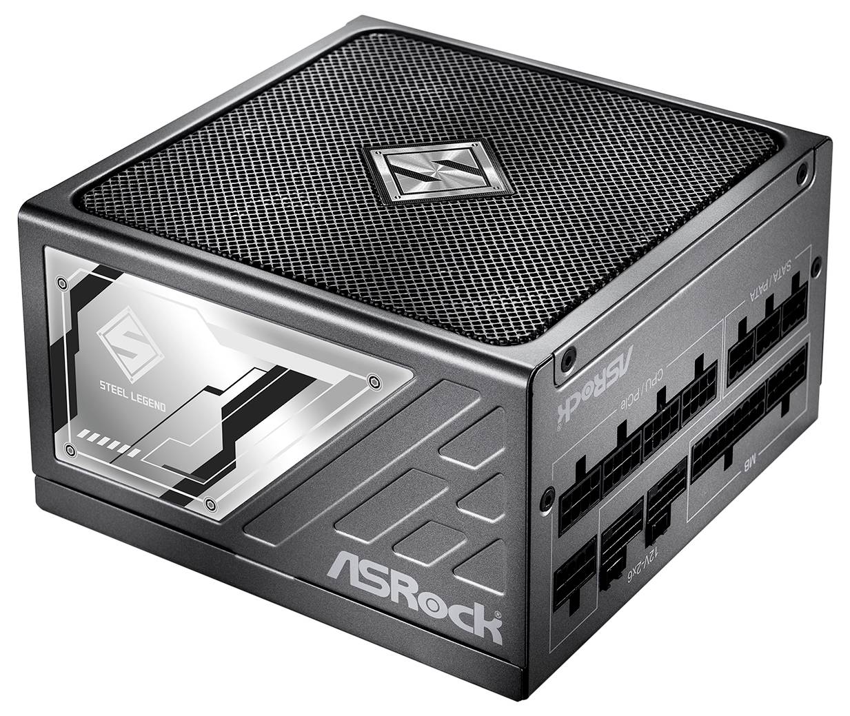 Počítačový zdroj energie ASRock Steel Legend s černým kovovým pouzdrem, horní mřížkou ventilátoru a modulárními porty kabelů na straně.
