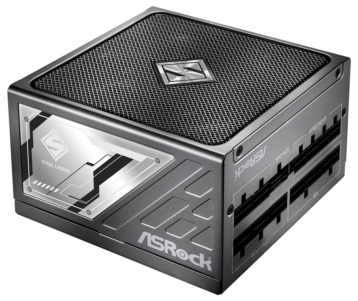 Kompaktní napájecí zdroj ASRock Steel Legend pro PC v černé, masivní skříni s perforovaným vrchem a modulárními porty kabelů.