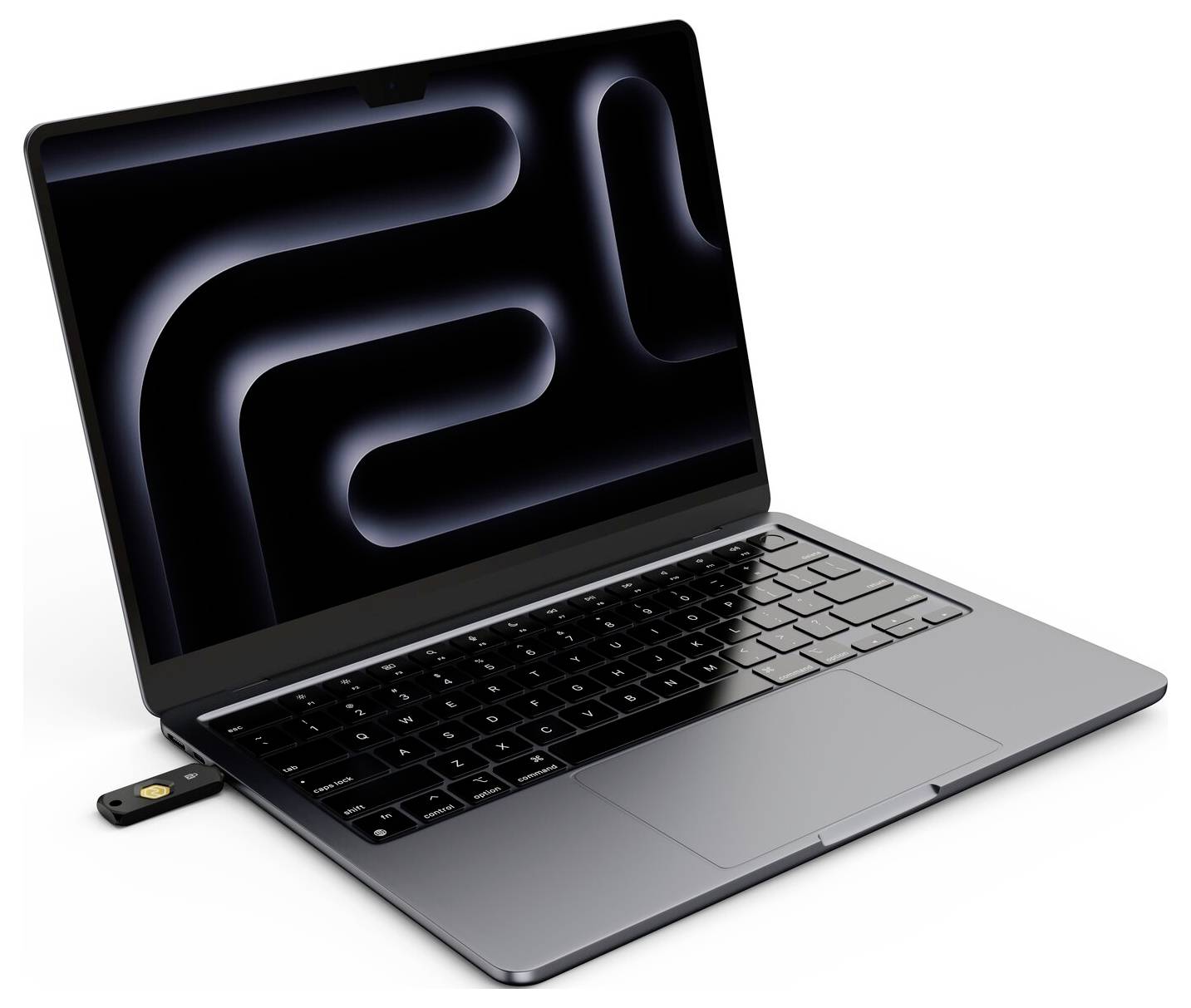 Přenosný počítač s USB flash diskem zasunutým do jeho strany, zobrazen na bílém pozadí.