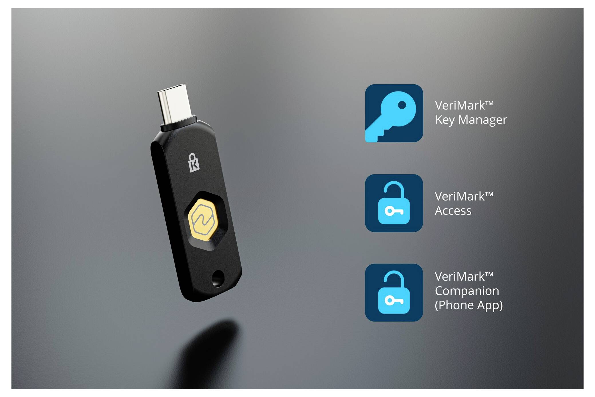 Propagační grafika USB bezpečnostního klíče s logy pro VeriMark Key Manager, VeriMark Access a VeriMark Companion (Mobilní aplikace).