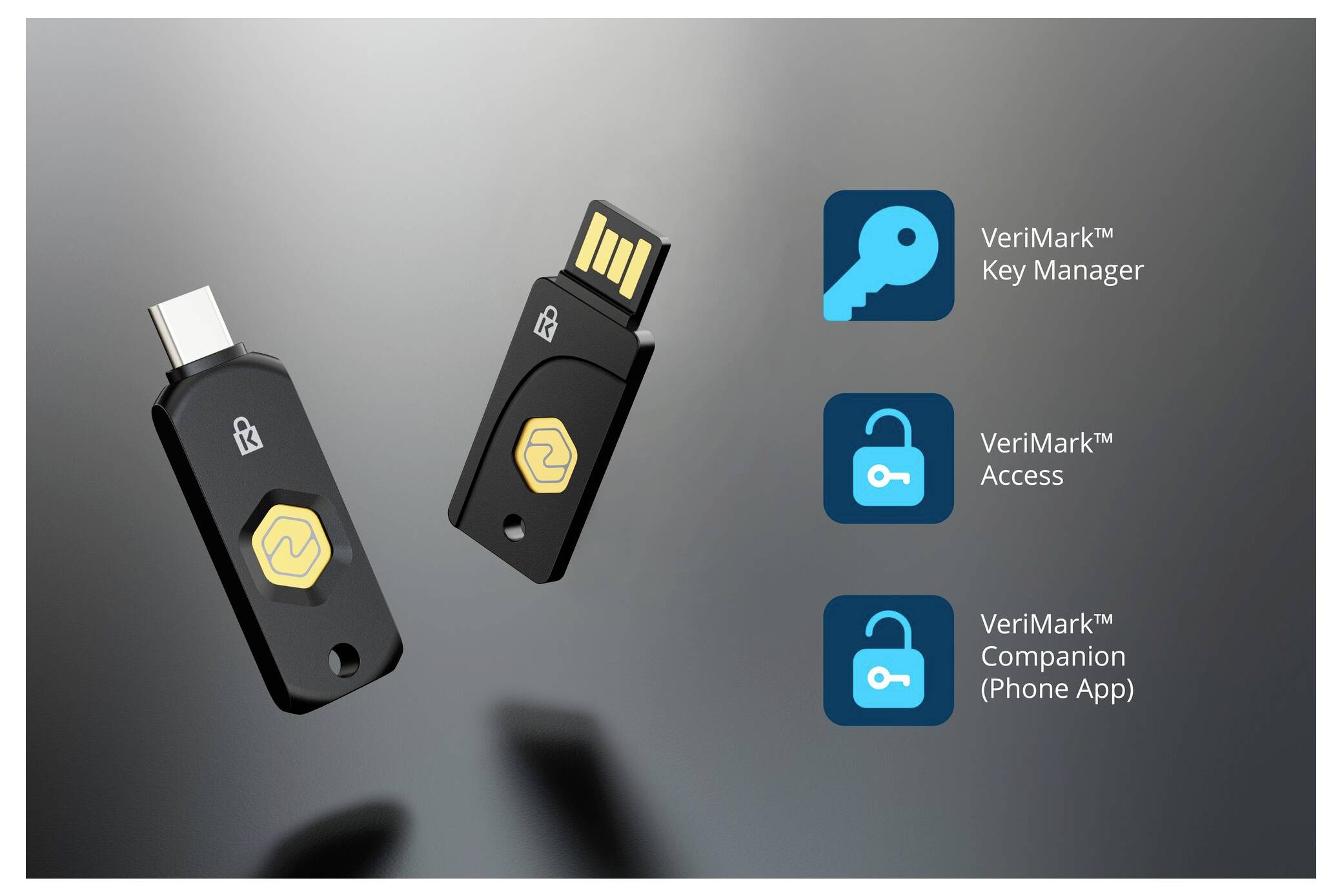 Dva bezpečnostní klíče VeriMark, jeden USB-C a jeden USB-A, zobrazené s ikonami aplikací označenými "VeriMark Key Manager", "VeriMark Access" a "VeriMark Companion (Phone App)".
