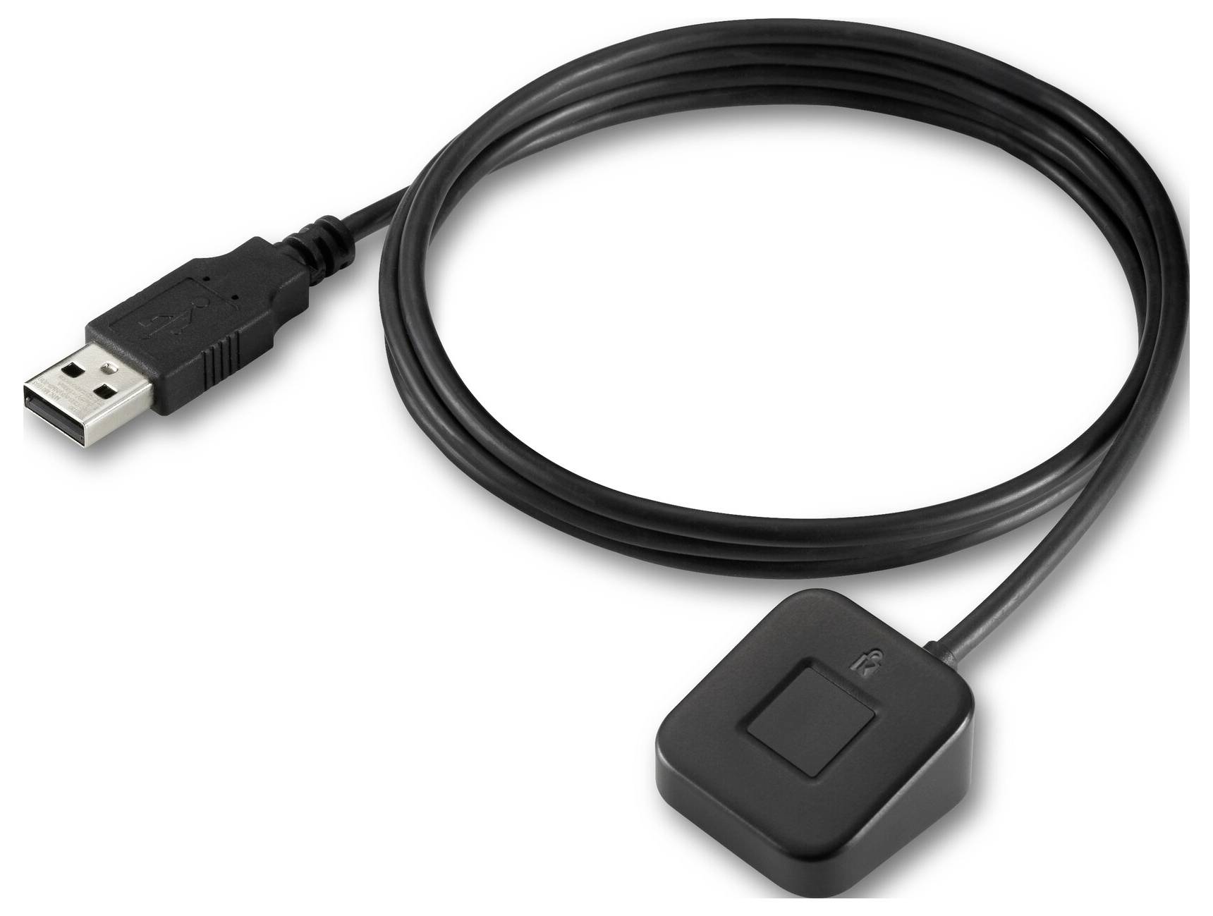 Černý USB kabel s malým čtvercovým inline spínačem/tlačítkovým modulem a standardním USB-A konektorem na druhém konci