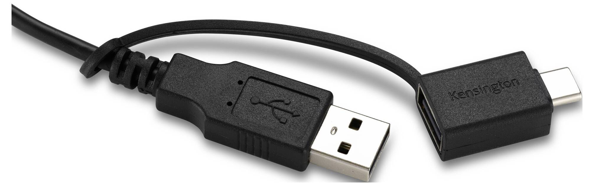 Kabel adaptéru USB-C na USB-A s konektorem značky Kensington, zobrazený na bílém pozadí.
