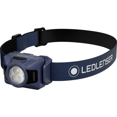 Modrá LED čelovka s nastavitelným černým páskem, značky 'LEDLENSER', zobrazená na bílém pozadí.