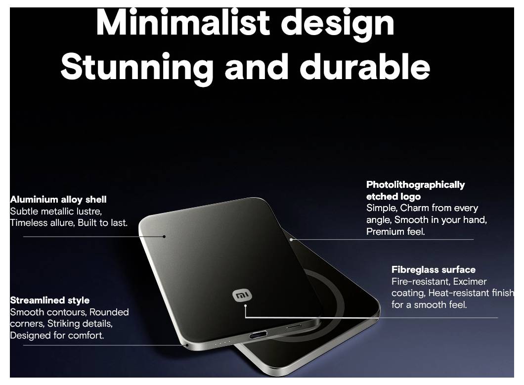 Propagační grafika dvou elegantních smartphonů Xiaomi s popiskami zvýrazňujícími pouzdro ze slitiny hliníku, fotolitograficky vyrytované logo, zjednodušený design a povrch z fiberskla.