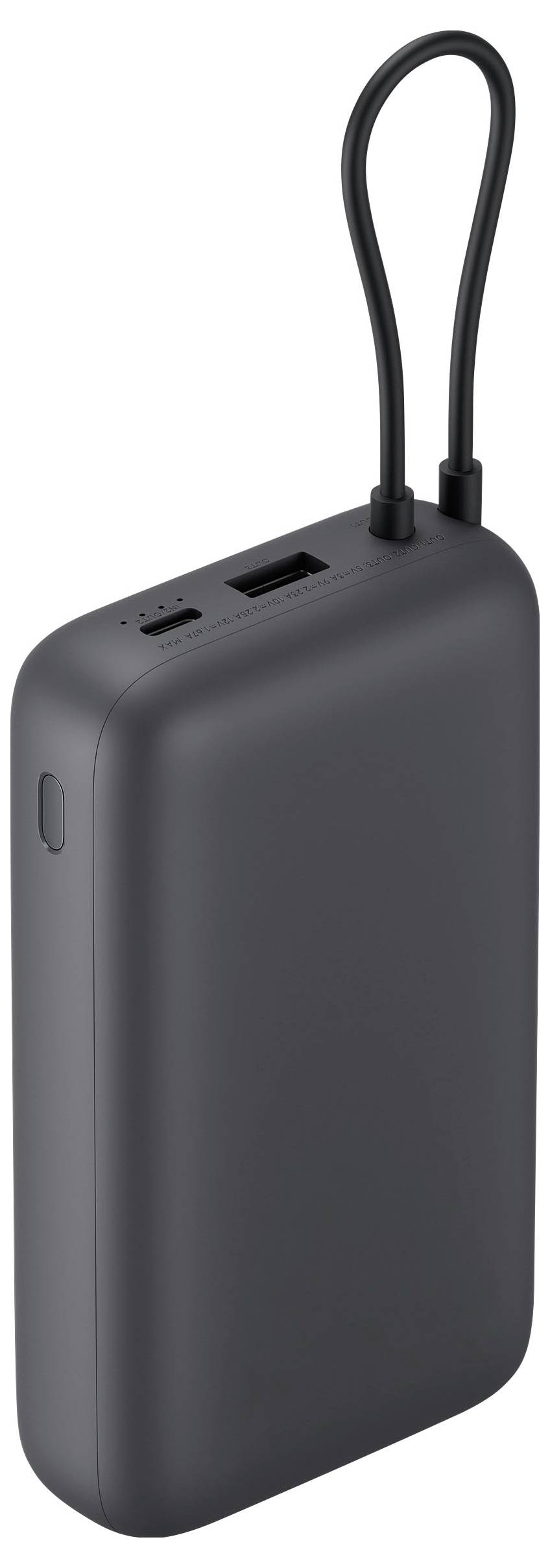Černá přenosná powerbank s vestavěnou smyčkou na zavěšení a dvěma porty pro nabíjení nahoře