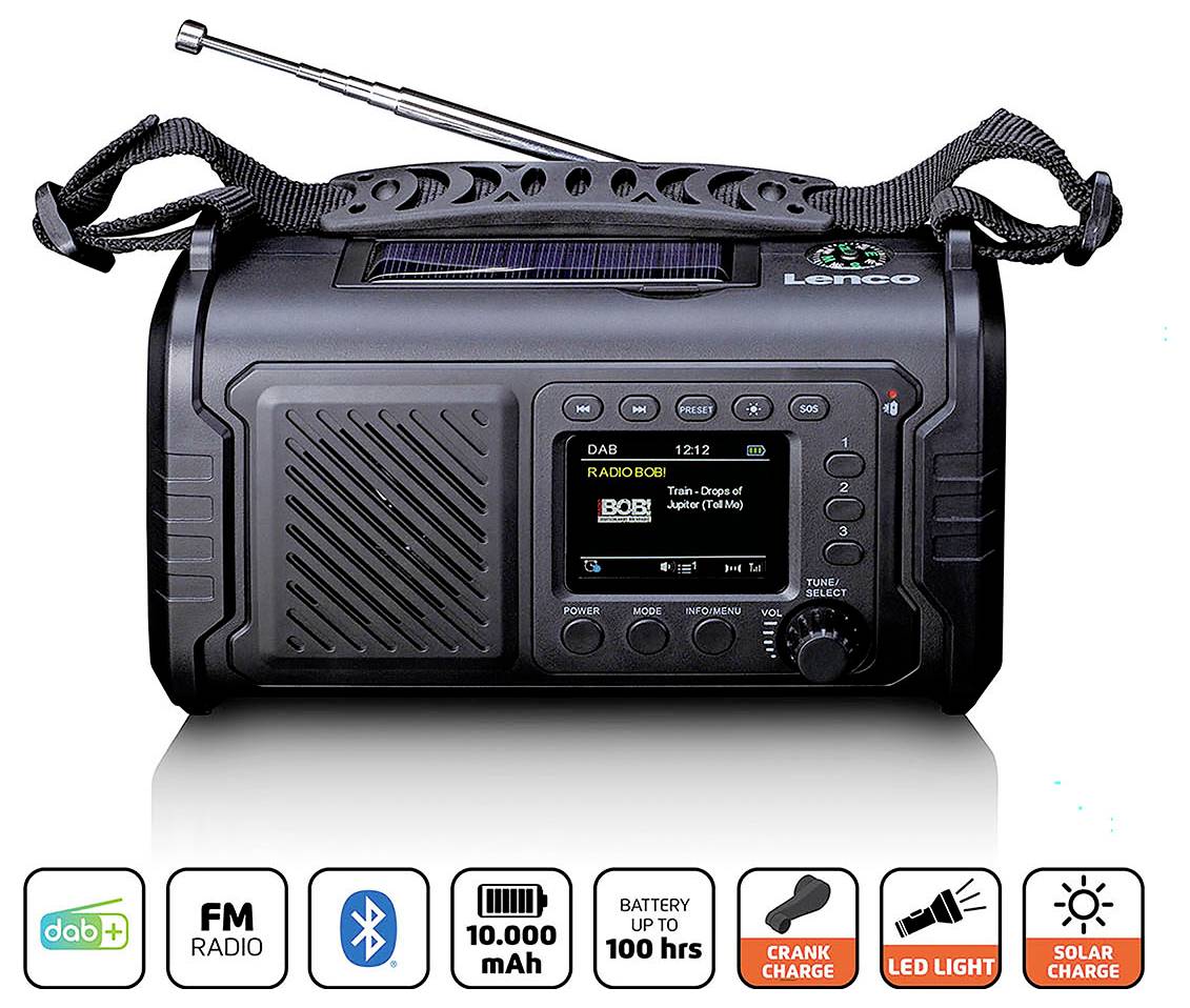 Přenosné nouzové rádio Lenco s anténou, displej DAB/FM, ruční klikou a solárním nabíjením, baterie 10 000 mAh, LED světlo a ikony životnosti baterie 100 hodin.