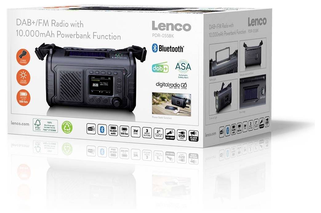 Produktová krabice pro Lenco DAB+/FM rádio s powerbankou 10 000 mAh, s funkcí Bluetooth, DAB+, ASA a logem digitálního rádia.